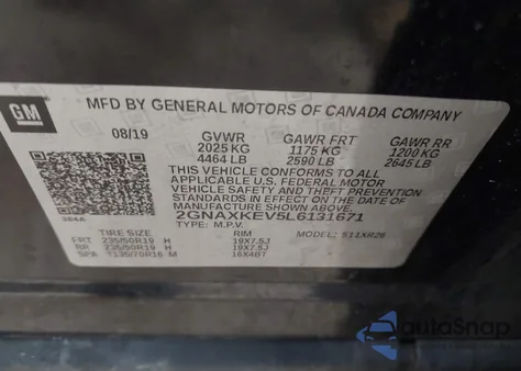 2020 Chevrolet Equinox Fwd Lt 1.5L Turbo z USA, uszkodzony, nr VIN 2GNAXKEV5L6131671